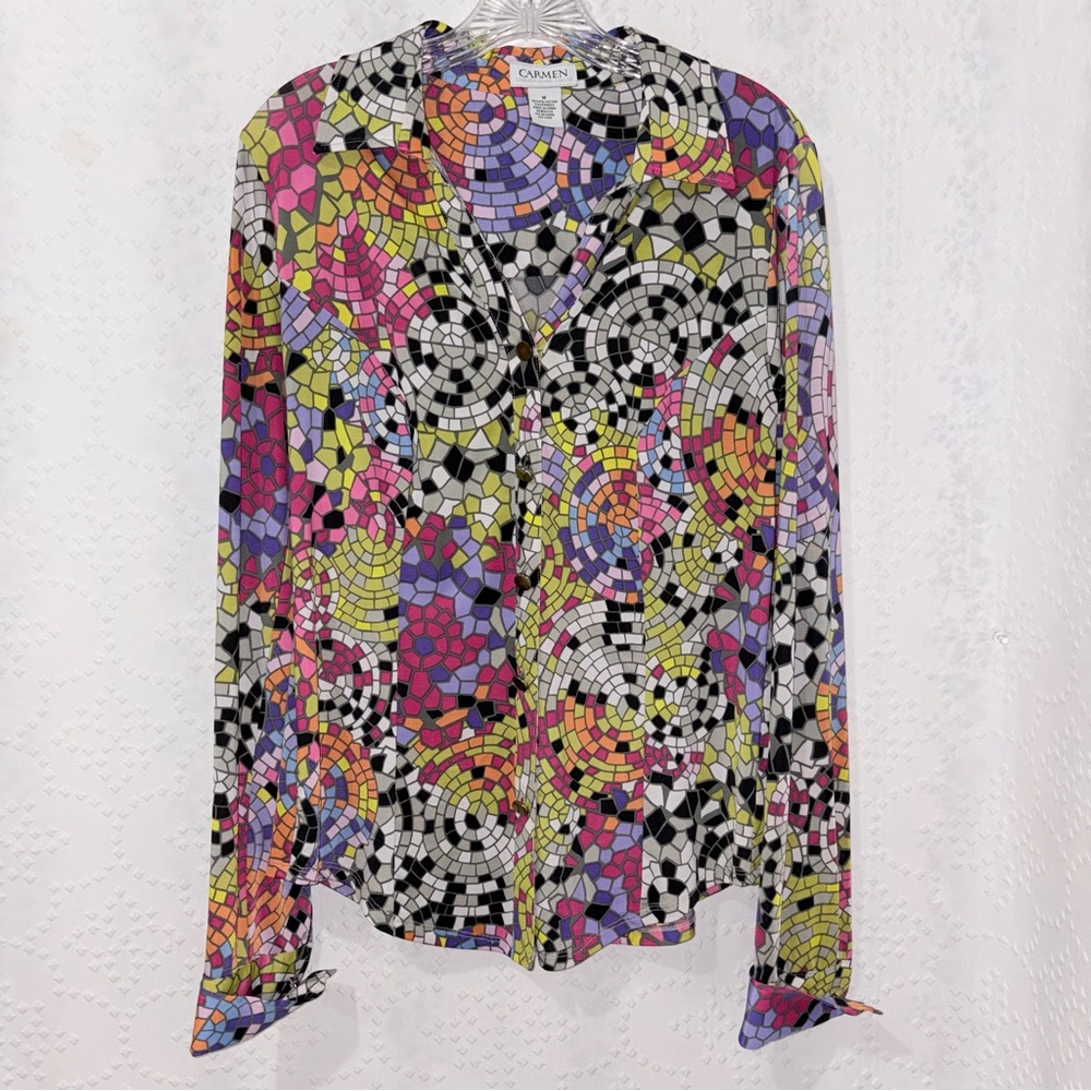 Carmen Marc Valvo Mosaic Print Button Front Blouse Stretch Long Sleeve Size Med